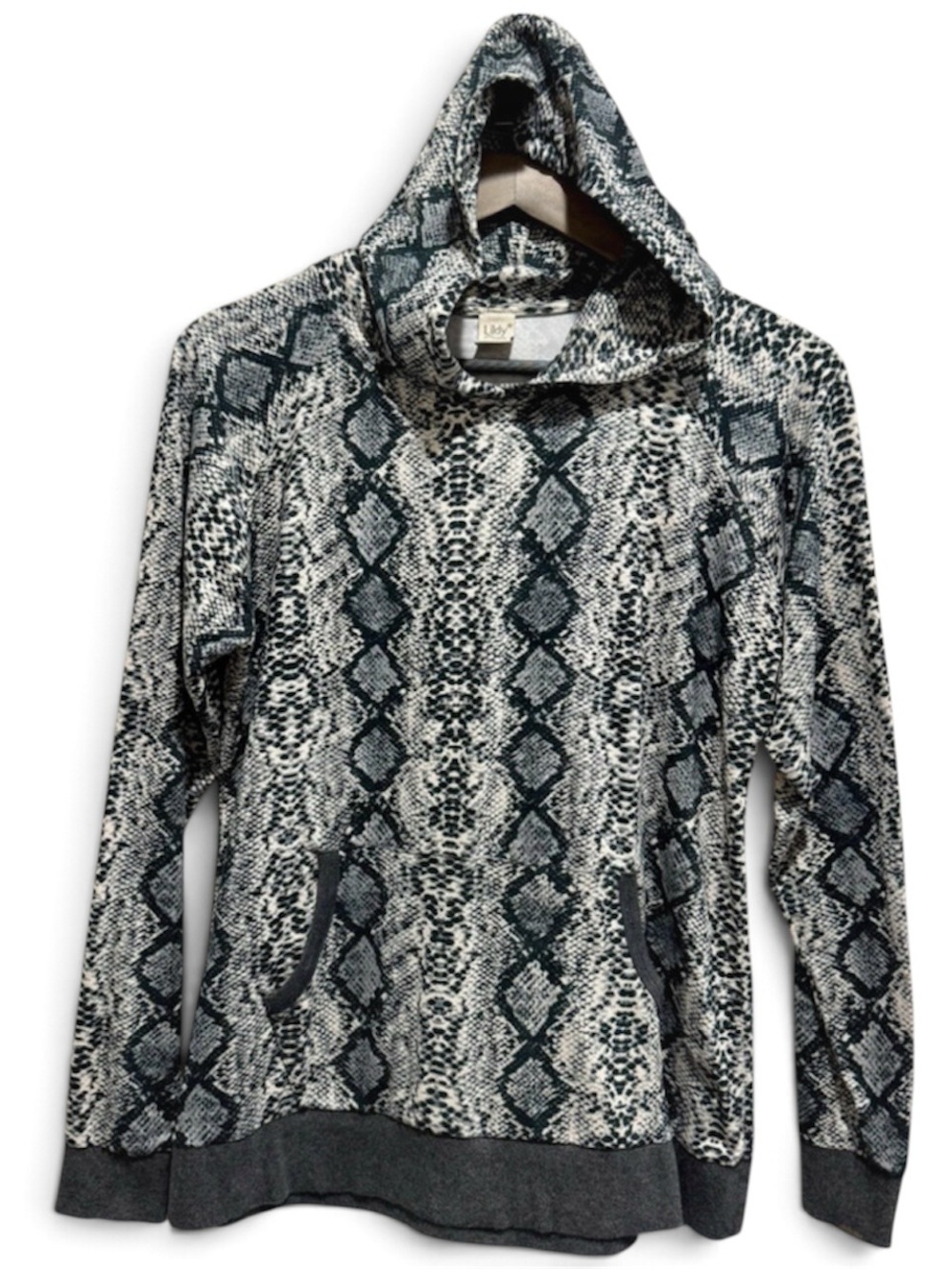 Snakeskin Python Print Draped Hood Pullover Kangaroo Pocket S M